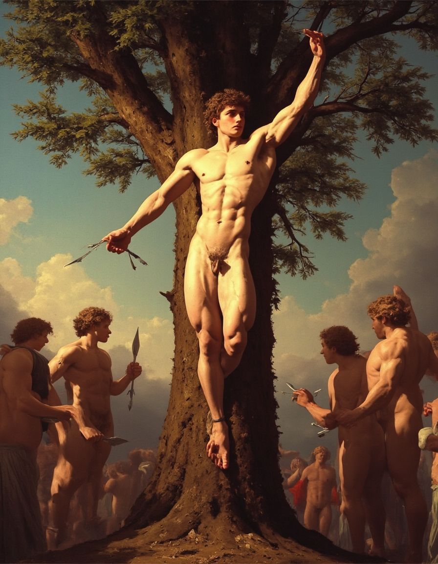 Pintura al óleo basado en el martirio de San Sebastian de Guido Reni. El modelo está atado a un arbol, desnudo, exhibiendo un cuerpo extremadamente musculoso y es ajusticiado mediante flechas lanzadas por arqueros  que se hallan a ambos lados. 