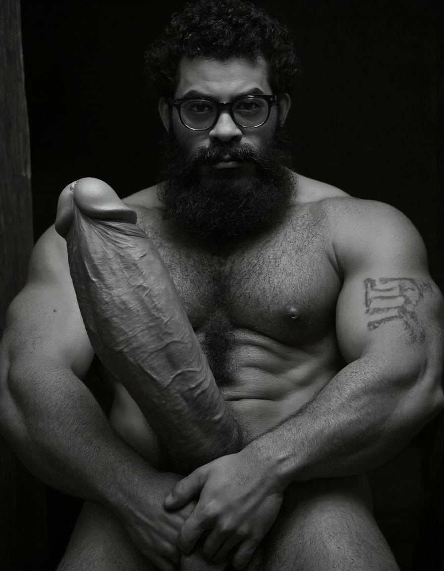 Fotografía hiperrealista en blanco y negro de un hombre adulto musculoso a la vista desde las rodillas para arriba hasta la cabeza, cuerpo muy delgado con musculación marcada y definida, rostro masculino, totalmente desnudo con polla erecta de treinta centímetros de longitud y ocho centímetros de diámetro, tiene rasgos marcados duros expresivos, barba densa poblada tupida oscura estilo hipster cubriendo completamente mandíbula mentón mejillas con grosor uniforme textura abundante muy definida, bigote denso tupido oscuro conectado perfectamente con la barba completa cubriendo completamente el labio superior, pelo oscuro medio peinado completamente recto hacia arriba con volumen considerable estilo hipster moderno quiff puntas verticales texturizadas hacia el cielo con altura prominente, cejas gruesas oscuras pobladas muy marcadas definidas, gafas de montura completa negra cuadradas grandes estilo hipster moderno sobre el puente de la nariz enmarcando unos ojos oscuros intensos que miran directamente a cámara con expresión seria penetrante confiada, expresión facial seria masculina sin sonrisa con mirada directa desafiante, pómulos marcados definidos angulares, nariz recta proporcionada, labios medios apenas visibles completamente cubiertos por bigote denso que conecta con la barba hipster completa, torso desnudo muy musculoso con pectorales enormes desarrollados y definidos, hombros anchos musculosos deltoide prominentes, brazos musculosos gruesos con bíceps y tríceps marcados visibles a ambos lados del cuerpo, abdomen tonificado marcado visible desde la cintura, piel con textura realista detallada poros imperfecciones sutiles, vello corporal denso oscuro abundante cubriendo pectorales abdomen brazos hombros con textura natural masculina muy visible, tatuaje en tinta negra en el bíceps del brazo derecho con la palabra exacta 