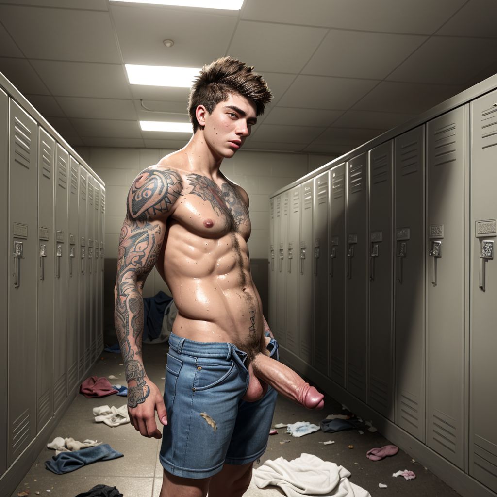 Foto muy realista y detallada  un tio de 20 años  definido y tatuado  sudado  con una gran verga y testículos  mira disimuladamente  a  su compañero  que  es otro  tio de 22 años  tatuado  fornido  velludo   con una verga  muy pequeña y gran culo  de fondo  un  vestidor antiguo  con lockers desgasdos  y viejos  algunos abiertos  con  ropa  sucia tanis sucios  y basura tirada  por el lugar