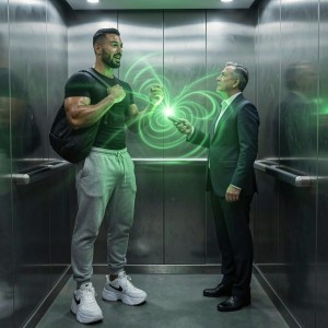 A very muscular and tall man, wearing a tight black T-shirt, gray sweatpants, and white sneakers, is inside a metallic elevator with a black bag over his shoulder, looking with an intense expression at a shorter man in a dark suit and tie. The suited man holds a small glowing device from which a bright green light emerges with concentric waves and energy effects, projecting toward the athlete’s body and face. The reflective steel walls, side handrails, and cold ceiling lighting reinforce a futuristic, technological, and almost supernatural atmosphere, like a science-fiction scene with transformation, physical power, and green radiation.