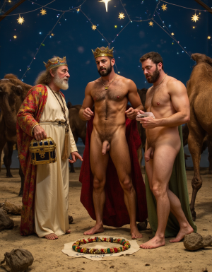 Los Reyes Magos:
Melchor es un hombre de 60 años, tiene una larga cabellera, tiene barba blanca, es de Europa. Está totalmente desnudo pero lleva corona de rey 👑, en sus manos lleva un cofre con oro. Tiene un cuerpo con músculos marcados y definidos. Tiene un pene erecto de 36 cm de longitud y 7 cm de diámetro. Tiene mucho vello corporal blanco. 💪🏼

Gaspar es un hombre de 30 años con rasgos asiáticos y una barba rubia, está totalmente desnudo pero lleva una corona de rey 👑, tiene un cuerpo atlético y vigoroso, tiene mucho vello corporal rubio, tiene una bandeja con incienso en sus manos. 👑💪🏼
Baltasar es un hombre de 45 años de edad proviene de África, tiene piel oscura, es moreno, lleva un tarro de mirra. Tiene cuerpo atlético con músculos muy marcados, tiene mucho vello negro rizado por todo el cuerpo, su cabello es abundante rizado y negro, tiene una barba negra abundante, tiene un enorme pene erecto de 40 cm de longitud y 9 cm de diámetro. 👑
En el fondo hay tres camellos y la estrella de Oriente, y muchas pequeñas estrellas de colores. En el suelo está escrito: “Reyes de Oriente” en español. Hay Roscón de Reyes.
