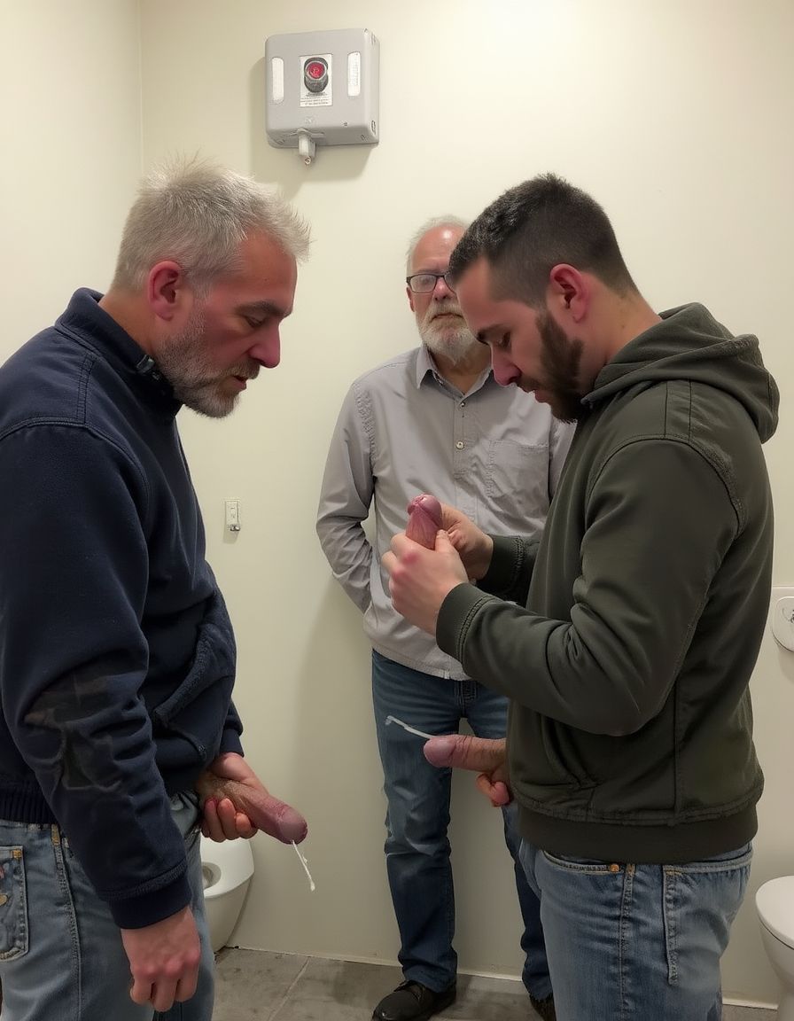 En los aseos públicos de una zona de servicio de una autovía, un chico joven se mete en el aseo con un camionero mayor que él, se pajean hasta eyacular, mientras un anciano que se ha colado mira impasible. 