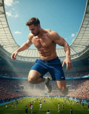 hombre caucasico de 23 años gigante masivo aplasta un diminuto estadio de futbol lleno de diminutas personas, macrophilia.