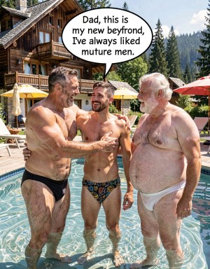 Three men in swimsuits are standing in an outdoor pool, smiling and hugging in a mountain resort setting with a large wooden cabin, umbrellas, lounge chairs, and a pine forest in the background. The young man in the center, with a beard and a patterned swim brief, has his arms around two older men with sturdy bodies; one is wearing a black brief and the other a very tight white swimsuit. Above them appears a comic speech bubble in English that says: “Dad, this is my new boyfriend. I’ve always liked mature men.” The scene has a humorous and provocative tone, with a vacation aesthetic, pool, gay couple, age difference, and family introduction.