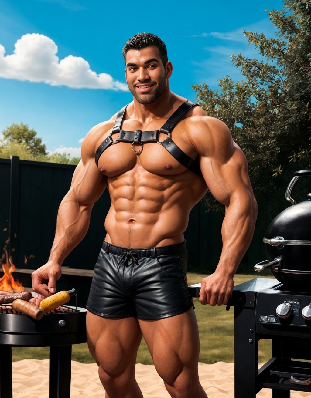 Hombre musculoso con arnés de cuero negro, torso desnudo, preparando una barbacoa al aire libre, con una parrilla de carbón, cerveza al lado, shorts ajustados, piel bronceada, ambiente relajado y soleado.