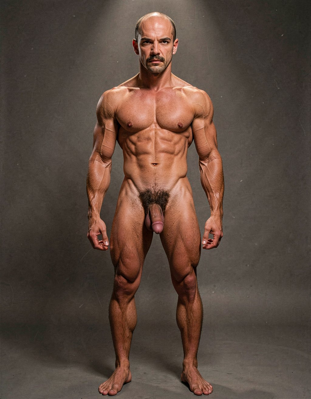 Mike Morris, a 32-year-old Caucasian male with an extremely lean and athletic physique at only 8% body fat, stands completely naked in a strict military attention pose. Full body frontal shot from the tips of his toes to the top of his head. His body is young, dry, and highly defined with sharp muscle separation, visible vascularity, and a very narrow waist. He has advanced Norwood III-IV male pattern baldness with a shiny tanned scalp on top and only short dark brown hair on the sides and back. His face is serious and commanding: square angular jaw, prominent cheekbones, thick dark handlebar mustache, heavy brows, and intense deep-set brown eyes. His massive square pectorals are pushed forward, covered in dense dark brown chest hair that forms a classic thick T-pattern running down the sternum and spreading over his sharply carved six-pack abs. Small dark nipples sit low on the pecs. A prominent trail of dark hair leads to an extremely dense, curly, dark brown pubic bush that climbs almost to his navel. His thick 14 cm flaccid cock hangs heavy over large, low-hanging, hairy testicles, the shaft skin noticeably lighter than his bronzed body. Powerful veined forearms, developed traps, defined quadriceps with clear separation, diamond-shaped calves, and slightly hairy feet complete his figure. He stands perfectly straight, chest out, shoulders back, arms rigid at his sides with fists clenched, head high and gaze fixed forward. Dramatic directional studio lighting from above and slightly to the front creates strong highlights on his dry, vascular skin and deep shadows that accentuate every muscle fiber, the texture of his dense body hair, and the extreme definition of his 8% body fat physique. Photorealistic, high-contrast, 1970s Colt Studio masculine aesthetic, grainy film texture.