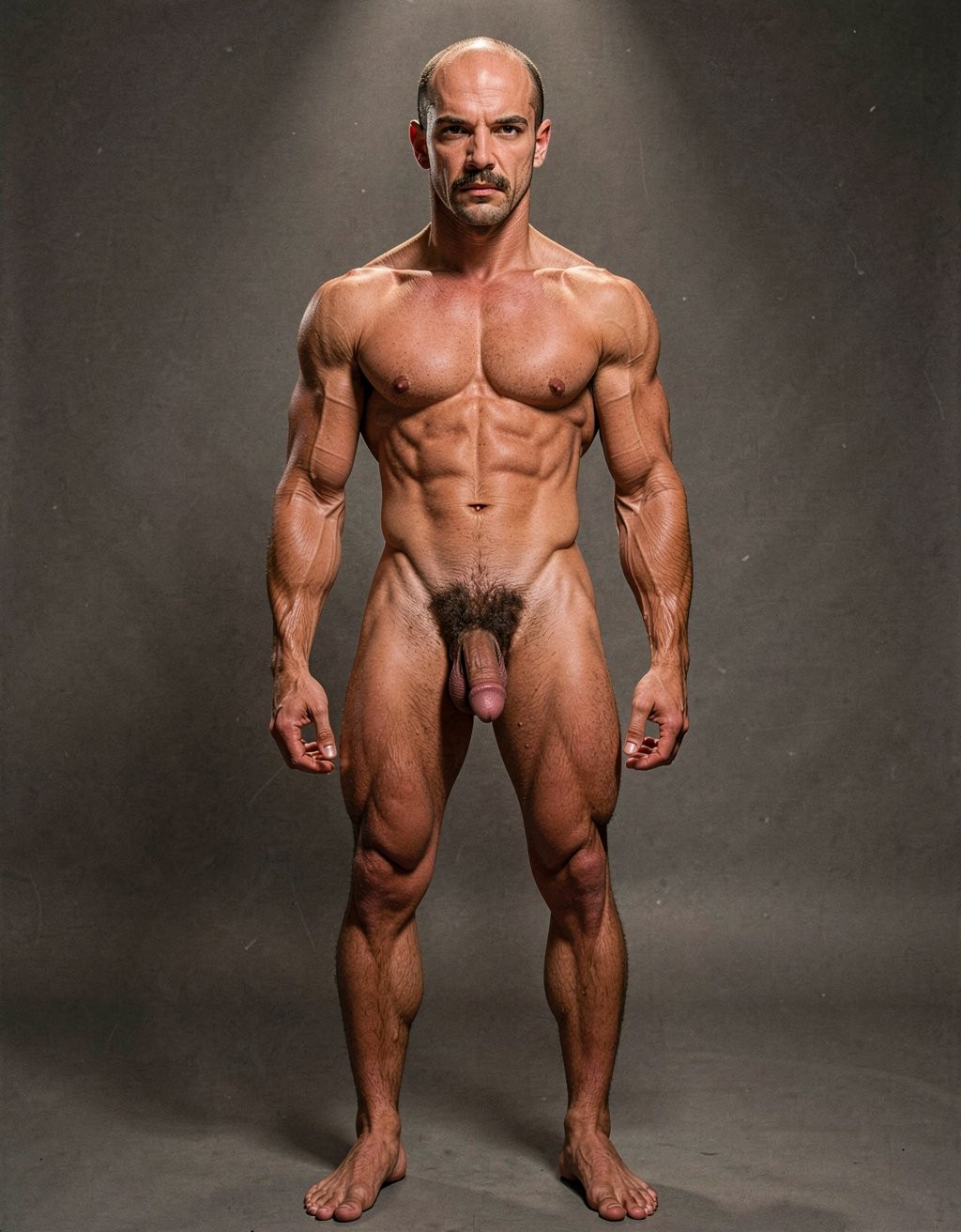 Mike Morris, a 32-year-old Caucasian male with an extremely lean and athletic physique at only 8% body fat, stands completely naked in a strict military attention pose. Full body frontal shot from the tips of his toes to the top of his head. His body is young, dry, and highly defined with sharp muscle separation, visible vascularity, and a very narrow waist. He has advanced Norwood III-IV male pattern baldness with a shiny tanned scalp on top and only short dark brown hair on the sides and back. His face is serious and commanding: square angular jaw, prominent cheekbones, thick dark handlebar mustache, heavy brows, and intense deep-set brown eyes. His massive square pectorals are pushed forward, covered in dense dark brown chest hair that forms a classic thick T-pattern running down the sternum and spreading over his sharply carved six-pack abs. Small dark nipples sit low on the pecs. A prominent trail of dark hair leads to an extremely dense, curly, dark brown pubic bush that climbs almost to his navel. His thick 14 cm flaccid cock hangs heavy over large, low-hanging, hairy testicles, the shaft skin noticeably lighter than his bronzed body. Powerful veined forearms, developed traps, defined quadriceps with clear separation, diamond-shaped calves, and slightly hairy feet complete his figure. He stands perfectly straight, chest out, shoulders back, arms rigid at his sides with fists clenched, head high and gaze fixed forward. Dramatic directional studio lighting from above and slightly to the front creates strong highlights on his dry, vascular skin and deep shadows that accentuate every muscle fiber, the texture of his dense body hair, and the extreme definition of his 8% body fat physique. Photorealistic, high-contrast, 1970s Colt Studio masculine aesthetic, grainy film texture.