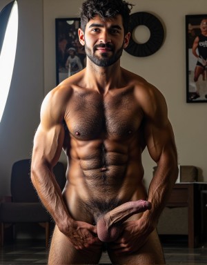 Hombre musculoso y velludo de 50 años, torero español, con un torso musculoso y atlético, destacando su pecho ancho y abdominales bien definidos, cubierto de vello corporal denso y moreno que se extiende desde el pecho hasta las piernas, pasando por los brazos y la espalda. Su piel bronceada y sudorosa refleja la luz blanca y clara que ilumina la escena, resaltando la textura de su vello corporal y musculatura.

Su rostro, con una barba incipiente y cabello castaño oscuro despeinado y sudoroso, muestra un cansancio placentero y relajado, con gotas de sudor en la frente y mejillas. La expresión de su rostro es de satisfacción y placer, como si hubiera alcanzado un clímax intenso después de una corrida de toros apasionada.

El torso musculoso se eleva y desciende con cada respiración, mostrando la definición de sus abdominales y pectorales, mientras que su vello corporal denso y moreno acentúa su masculinidad y sensualidad. El pene, perfecto y grande, se encuentra en el centro de la escena, rodeado de vello púbico denso y moreno, con testículos grandes y perfectamente formados, y un escroto sudoroso.

La piel morena y bronceada del hombre tiene un ligero brillo de sudor, y sus músculos bien definidos muestran venas prominentes bajo la piel. La luz blanca y clara que ilumina la escena desde una ventana cercana crea un ambiente sensual y íntimo, con sombras que resaltan la musculatura y el vello corporal del hombre, destacando su masculinidad y sensualidad en un momento de satisfacción sexual.

En la pared, detrás del hombre, hay fotos de toreros toreando a toros, lo que añade un toque de pasión y adrenalina a la escena. El hombre está eyaculando semen líquido blanco por la punta del glande del pene, lo que añade un elemento de intensidad y placer a la imagen. La escena es una representación vívida y sensual de la masculinidad y la pasión, capturada en un momento de clímax intenso y satisfacción sexual.
