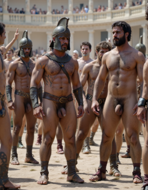 Espartaco en el año 73 a. C. está en Italia del siglo I a.C.. Espartaco es un esclavo y gladiador de combate hombre musculoso y con una altura de 185 cm que está totalmente desnudo. Tiene un pene erecto y excitado de 38 cm de longitud y 9 cm de diámetro. Tiene sandalias de color marrón. Tiene la piel con cicatrices leves, arrugas de expresión marcadas y la textura propia de alguien que vive a la intemperie, con rastros de polvo y sudor y está totalmente desnudo. Tiene músculos muy marcados y muy definidos, tiene mucho vello en su pecho, tiene mucho vello en sus brazos y en sus piernas, tiene aspecto muy masculino y está totalmente desnudo. Tiene un rostro anguloso y curtido por el sol del Mediterráneo, sus pómulos son marcados y la mandíbula es ancha. Tiene ojos intensos y profundos, con una expresión que mezcla la fatiga de la guerra con la determinación de un líder, tiene cejas pobladas y algo fruncidas. Tiene el cabello de color oscuro (castaño profundo oscuro), lleva el cabello corto pero abundante y desordenado, es un cabello grueso y práctico para el combate. Tiene barba no arreglada, sino una de varios días o semanas, tiene barba densa y algo descuidada, lo que refuerza su imagen de rebelde en constante movimiento. Su cuerpo es el de un atleta funcional totalmente desnudo, tiene una musculatura fibrosa, compacta y muy definida, resultado de años de entrenamiento extremo en la escuela de gladiadores y supervivencia en batalla. Tiene hombros y cuello muy anchos y potentes, desarrollados por el uso constante de la espada y el escudo pesado. Tiene el torso con mucho vello y con cicatrices de antiguos combates en la arena, lo que cuenta su historia de supervivencia antes de la gran rebelión. 

Fondo de hombres gladiadores totalmente desnudos con pene erecto de 38 cm de longitud y 8,5 cm de diámetro. Está el hombre Léntulo Batiato (totalmente desnudo con pene de 30 cm de longitud y 8 cm de diámetro) en Capua junto al hombre Criso (totalmente desnudo con pene erecto de 38 cm de longitud y 8,5 cm de diámetro) y el hombre Enomao (también totalmente desnudo con pene erecto de 37 cm de longitud y 8 cm de diámetro), Espartaco fornica con hombre Léntulo Batiato en Capua junto al hombre Criso. 
El general hombre Craso (totalmente desnudo con pene de 36 cm de longitud y 9 cm de diámetro) está luchando con una espada. 