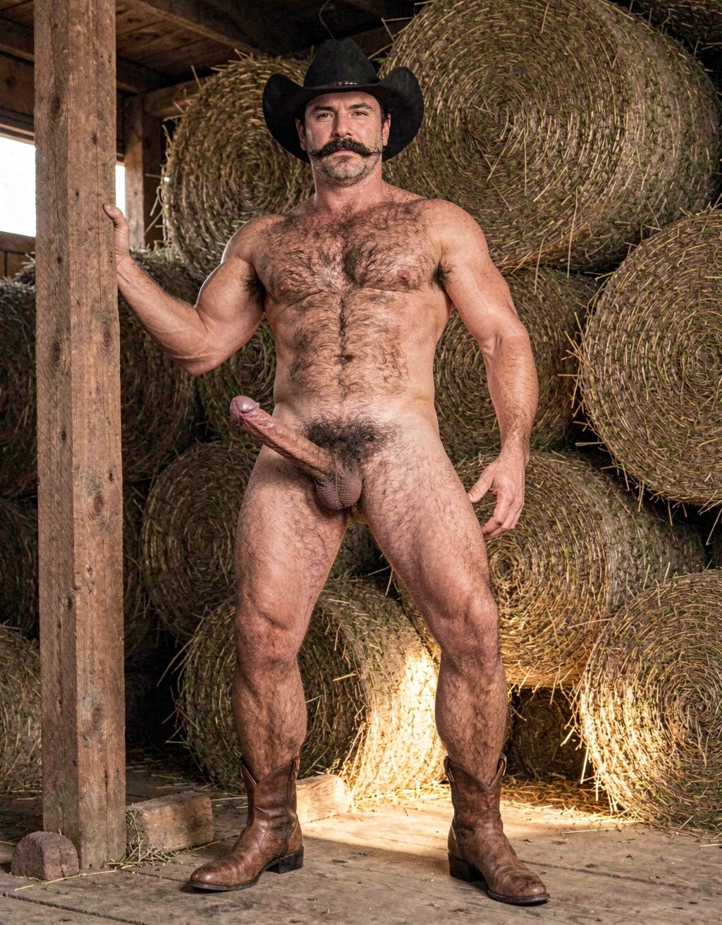 A powerful 32-year-old man named Mike Morris stands shirtless inside a rustic wooden barn filled with stacked hay bales, embodying classic 1970s masculine eroticism. He has a square, angular face with a strong jaw, thick dark eyebrows, intense brown eyes staring directly forward with a serious dominant expression, and a thick black handlebar mustache that fully covers his upper lip. His short black hair is slightly wavy and brushed back under a black felt cowboy hat with a curved brim casting soft shadows across his forehead. His neck is thick and veined with light black hair connecting to his chest. His broad rounded pectorals are densely covered in thick curly black chest hair that spreads across the entire chest and around small brown nipples. His abs are flat with a natural layer of mature softness, a wide dense black happy trail running from his sternum down through his navel. His muscular arms show prominent biceps and thick forearms covered in moderate black hair that becomes denser and curlier toward the wrists, with large strong hands gripping a vertical wooden post, veins visible on the backs. His dense unruly black pubic bush surrounds the base of his large thick circumcised cock which hangs heavily between his legs at about 16 cm flaccid, with a wide pink-brown head and prominent frenulum; below it hang large low-hanging testicles covered in fine black hair. His round firm ass shows from the side with black hair concentrated in the cleft and around the tailbone. His powerful thick thighs and calves are covered in abundant curly black leg hair from the knees upward, becoming finer on the shins. He wears only worn brown leather cowboy boots. Warm natural daylight streams from the side through gaps in the barn walls, casting dramatic golden highlights on his sweaty tanned skin and deep shadows that accentuate every muscle, every curl of chest and pubic hair, and the rugged texture of the hay and wooden beams, in a realistic vintage erotic photograph style with rich film grain and authentic 1970s color tones.