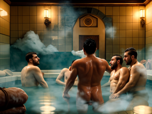 En un baño turco entre mucho vapor que oculta un poco la escena, se ve cuatro  chicos desnudos que hacen sexo duro y vicioso en la intimidad del vapor