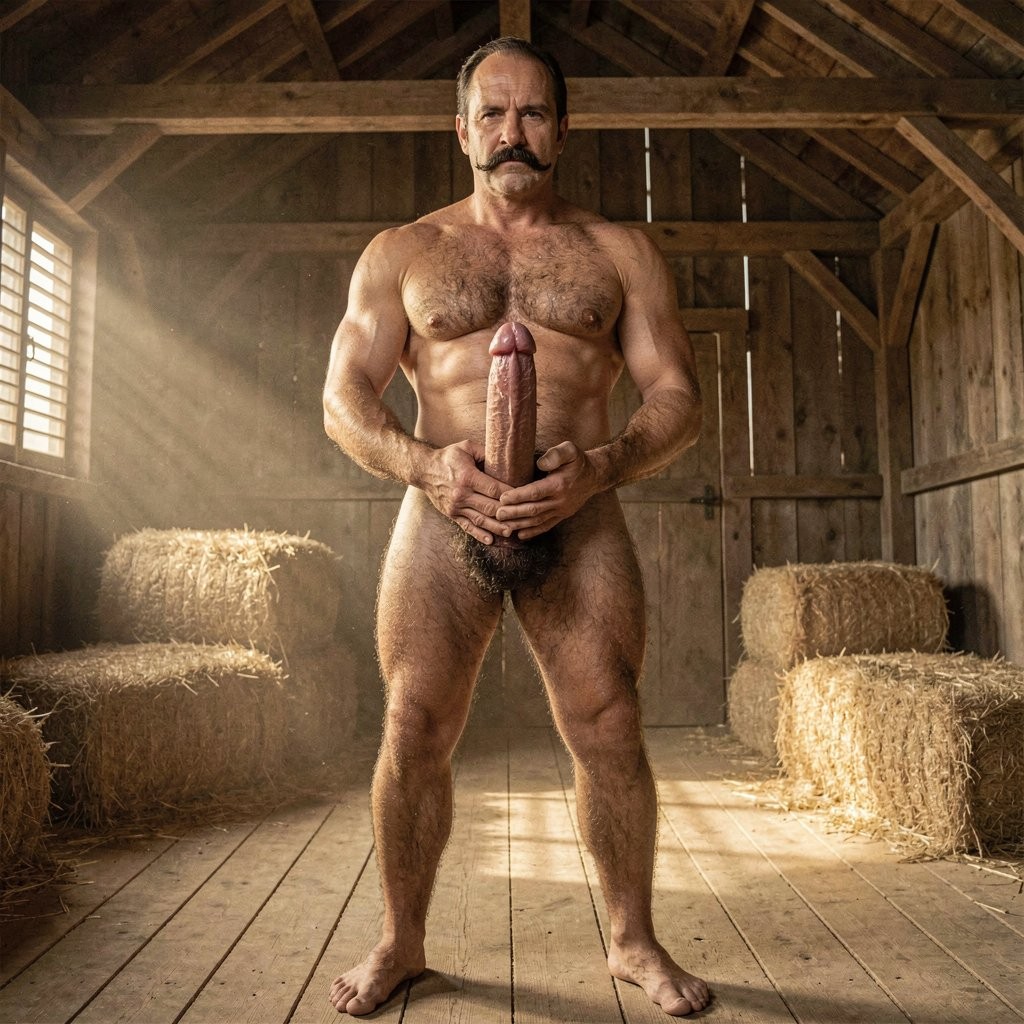 Un hombre desnudo, musculoso y con abundante vello corporal, posa de pie en el centro de un granero rústico de madera, con bigote poblado y expresión seria mirando al frente. Sus manos sujetan verticalmente un gran pene erecto o prótesis fálica situada delante de la pelvis, mientras la luz cálida entra por una ventana lateral y atraviesa el polvo del ambiente. Alrededor hay balas de paja apiladas, suelo de tablones, vigas de madera y una puerta de establo al fondo, creando una escena rural, cruda y explícita con estética de retrato masculino en un entorno agrícola.