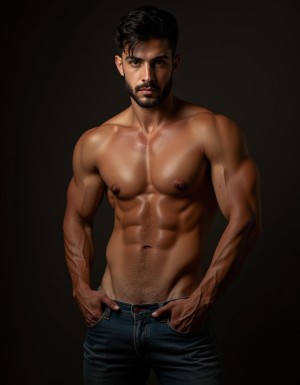 Hombre español masculino de 35 años, dominante, actitud arrogante y segura, torso desnudo musculoso, pectorales marcados, abdominales definidos, brazos fuertes con venas visibles, piel ligeramente bronceada, vello corporal natural en pecho y abdomen, barba corta bien cuidada, pelo negro corto despeinado con estilo, mirada intensa y penetrante directa a cámara, expresión seria y dominante, pantalón vaquero ajustado desabrochado dejando ver la V del abdomen, iluminación dramática lateral que resalta los músculos, fondo oscuro neutro, fotografía realista estilo retrato íntimo masculino