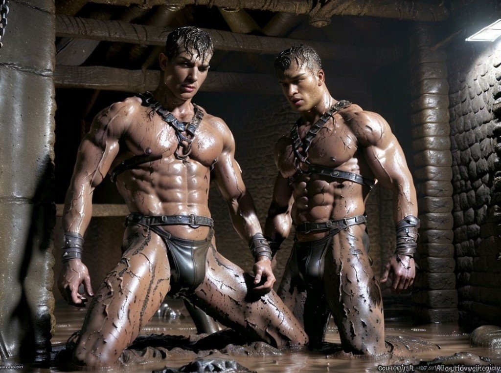 (masterpiece), (alta resolución), (fotografía ultra realista:1.3), RAW photo, iluminación dramática, enfoque nítido, composición dinámica, dos hombres musculosos, ambos con arnés de cuero negro, cuerpos atléticos y definidos, luchando intensamente en el barro, piel cubierta de barro, músculos tensos y brillantes, expresión de esfuerzo y concentración, escenario de mazmorra, paredes de piedra, cadenas y antorchas en el fondo, ambiente oscuro y húmedo, detalles intrincados de los arneses, barro salpicando, textura detallada de la piel y el barro, fotografía de acción, captura de movimiento, 8K, calidad DSLR, aspecto cinematográfico, sombras realistas, atmósfera intensa y erótica.