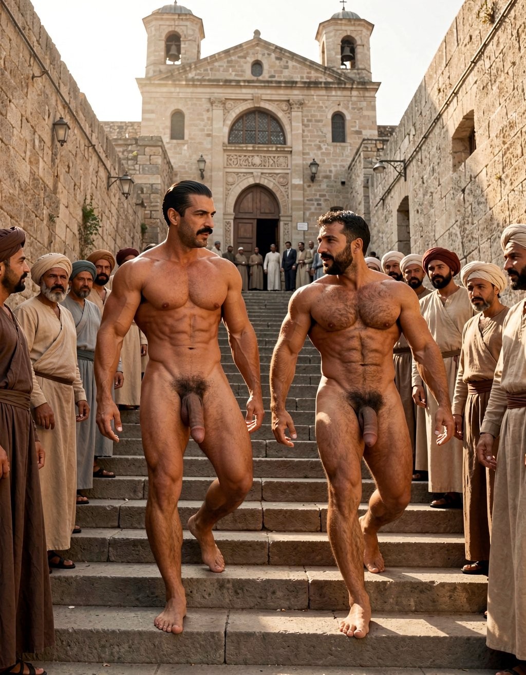 Two powerfully built naked men ascending the famous 29-step stone staircase of the Hanging Church (Saint Virgin Mary's Coptic Orthodox Church) in Coptic Cairo, 1938, late afternoon golden sunlight. The staircase is narrow, ancient and steep, built directly against the massive weathered Roman gatehouse of the Babylon Fortress. The church appears to literally hang suspended above the defensive Roman structure, its nave poised dramatically over the passage below. High stone walls of the fortress rise on both sides, with intricate Coptic carvings, wooden doors and the twin bell towers of the 19th-century façade visible at the top of the stairs.

Errol Flynn leads slightly, completely naked, his 1.86 m tall, perfectly toned old-school physique on full display: smooth bronzed skin, dense sculpted pectorals, razor-sharp eight-pack abs, narrow waist, thick vascular thighs and arms. His jet-black hair remains impeccably slicked back with brilliantine, his ultra-thin aristocratic black mustache perfectly trimmed. His heavy 24.5 cm cock, thick with foreskin and prominent glans, swings heavily between his legs with each step up the stairs, balls hanging low. A light sheen of sweat from the climb accentuates every muscle cut and vein.

Right behind him walks Masri, also fully naked, his olive-skinned body densely covered in dark brown hair across his powerful chest, abdomen, thick pubic bush and muscular legs. His physique is equally pumped and defined, with strong hairy pectorals and thick arms. His neatly trimmed thick black mustache and combed dark hair give him a commanding look. His 22 cm thick heavy cock and large hairy balls sway naturally as he climbs, both men’s genitals fully visible and bouncing with the effort.

Masri gestures with one hand toward the church above while speaking, explaining its history. Both men look strikingly handsome, masculine, dominant and sexually charged as they ascend the sacred staircase in total nudity, their perfumed, sweat-glistened bodies contrasting brutally with the ancient Christian holy site. A few shocked Coptic locals stand frozen at the top of the stairs, staring in disbelief.

Extreme cinematic sharpness, photorealistic skin and hair texture, individual strands of dark body hair, realistic natural movement and weight of their cocks and balls, flawless anatomical accuracy, dramatic golden volumetric sunlight casting long shadows on the stone steps, zero deformations, zero artifacts, maximum clarity.  Todo el público que rodean a los personajes también están totalmente desnudos con sus pollas a la vista , solo tienen turbantes de diferentes colores 