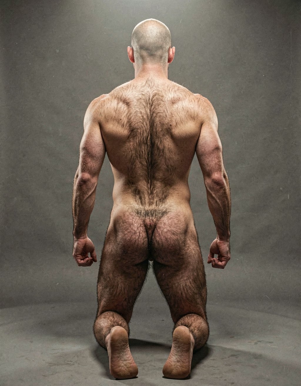 Hombre desnudo de espaldas, arrodillado sobre un suelo gris de estudio, con los puños cerrados a ambos lados del cuerpo y una postura rígida que resalta su espalda ancha, hombros musculosos y brazos fuertes. La cabeza rapada, la piel clara y el abundante vello corporal recorren la nuca, la espalda, los glúteos y las piernas, creando una textura marcada bajo una iluminación cenital suave. Los glúteos quedan completamente visibles, separados por la postura de rodillas, mientras las plantas de los pies miran hacia atrás. El fondo neutro, oscuro y ligeramente degradado refuerza una estética sobria de fotografía artística de desnudo masculino, fuerza física, anatomía y musculatura.