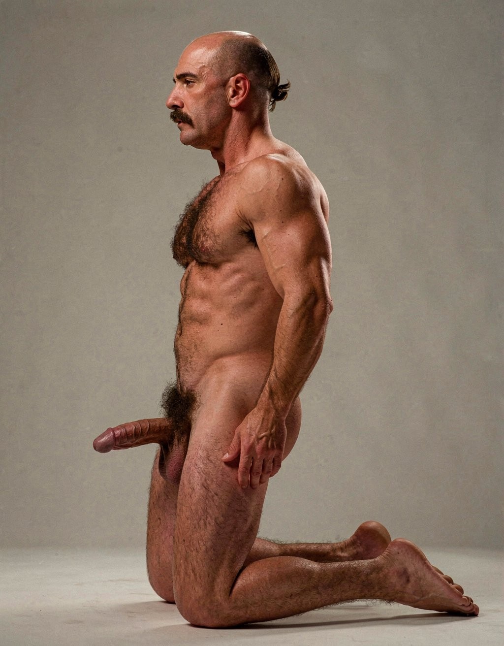 Mike Morris, a 32-year-old extremely lean Caucasian male with only 8% body fat, stands completely naked in a strict military attention pose captured in a full-body exact side profile at 90 degrees from his left side. The shot runs from the tips of his size 44 slightly hairy feet all the way up to the top of his bald head, showing his entire body without any cropping. His physique is dry, highly vascular and powerfully defined: massive square pectorals seen in perfect side silhouette, dense dark brown chest hair forming a thick T-pattern, sharply carved six-pack abs in clear profile, narrow waist, wide lats, powerful thighs and diamond-shaped calves. Dramatic directional studio lighting comes from high and slightly in front of him, creating strong rim lighting that traces the sharp outline of his entire body, the texture of his dense dark body hair on chest, lower back, ass and legs, and deep shadows that accentuate every muscle separation, vein and the extreme dryness of his 8% body fat physique. His advanced Norwood III-IV bald scalp shines under the light, with short dense dark brown hair on the sides and back of his head. His square angular face is shown in pure profile: strong jawline, prominent chin with slight central dimple, thick dark handlebar mustache, heavy brow and intense deep-set brown eye looking straight forward with a serious, commanding expression. His penis is fully visible in perfect side view, completely natural and realistic: thick, 24 cm long when fully erect, with a natural slight upward curve, prominent dorsal veins, long foreskin partially covering the pink-red glans, and realistic lighter skin tone. Below it hang his large, low-hanging testicles with wrinkled darker skin and dense dark brown hair. The extremely thick, curly dark brown pubic bush climbs almost to his navel and surrounds the base of his cock and balls generously. Every anatomical detail from his veined hands and forearms to his muscular ass, hamstrings, diamond calves and hairy toes is perfectly proportioned and free of any deformation. Photorealistic, high-contrast, masculine 1970s Colt Studio aesthetic with subtle grainy film texture.  . Está de rodillas. 