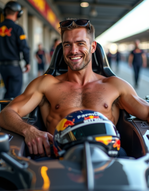 Hombre atractivo y musculoso semidesnudo, torso desnudo, con un traje de carreras de Fórmula 1 parcialmente quitado, mostrando su pecho y abdomen definidos, sentado en el asiento del conductor de un coche de Fórmula 1 de alta tecnología, con casco de carreras en la mano y gafas de sol en la frente, sonriendo confiadamente mientras se apoya en el volante, fondo de boxes de pits con mecánicos y equipo de carreras alrededor, iluminación vibrante y dinámica, texturas y detalles hiperrealistas, foco en la figura masculina y el coche de carreras.