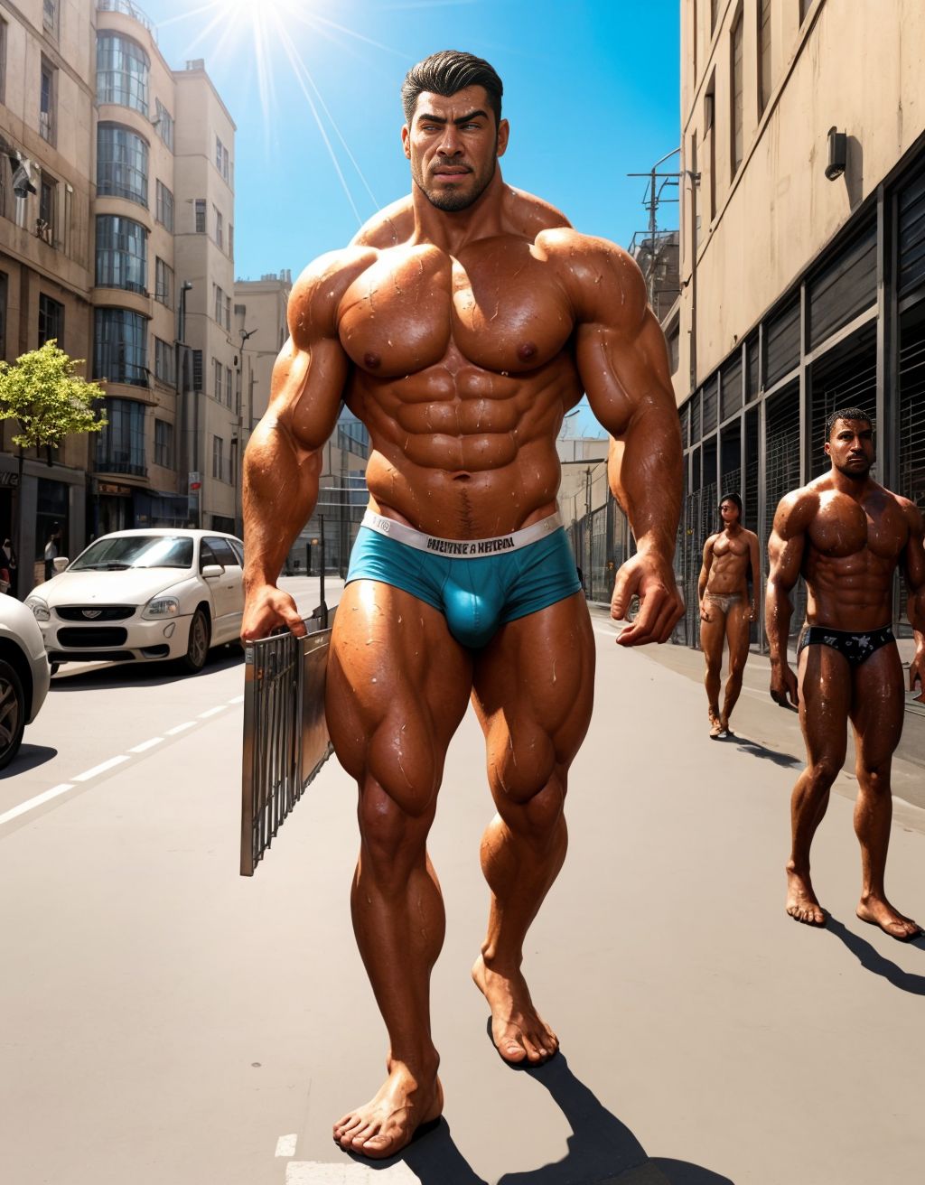Hombre desnudo, musculoso, expuesto en una jaula de metal en medio de la calle, con gente pasando por alrededor, mirando, ropa interior tirada en el suelo, luz del sol brillando, piel sudorosa, anatomía detallada, expresión desafiante, ambiente urbano concurrido.