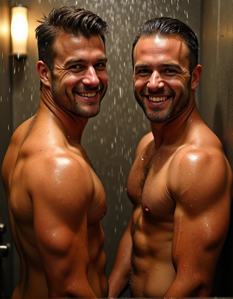 Hombres muy atractivos y musculosos en la ducha del gimnasio, agua cayendo sobre sus cuerpos tonificados, gotas de agua resbalando sobre su piel bronceada, músculos definidos, torsos desnudos, cabello mojado y peinado hacia atrás, sonrisas confiadas y expresiones sensuales, luz cálida y vaporosa del gimnasio, ambiente relajado y sensual, foco en la desnudez y la sensualidad, detalles realistas de la piel y el agua, iluminación suave y cálida, hombres disfrutando del momento, cuerpos atléticos y atractivos, escena íntima y provocativa.