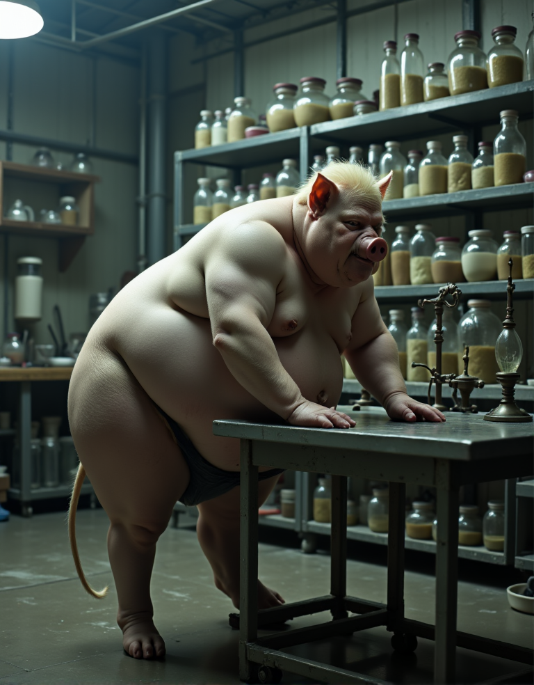 Un hombre obeso de 40 años, con una mezcla de características humanas y porcinas, se encuentra en posición de cuatro patas sobre una mesa metálica de laboratorio. Su cabeza y torso son humanos, con una piel suave y rolliza, pero su nariz ha sido reemplazada por una trompa de cerdo, rosada y húmeda. Además, una cola de cerdo larga y delgada se extiende desde su espalda, balanceándose suavemente mientras se mueve. El hombre gordo está completamente desnudo, mostrando su cuerpo rollizo, con una capa de vello grueso cubriendo su espalda y pecho. La mesa metálica de laboratorio está cubierta de instrumentos y equipos de investigación, y hay un fondo de estantes y armarios que contienen frascos y recipientes con especímenes y sustancias desconocidas. La iluminación es brillante y cruda, resaltando cada detalle de la escena, con sombras profundas que acentúan la textura y el volumen del cuerpo del hombre-cerdo. La atmósfera es de experimentación y estudio, con un toque de surrealismo y disturbio.