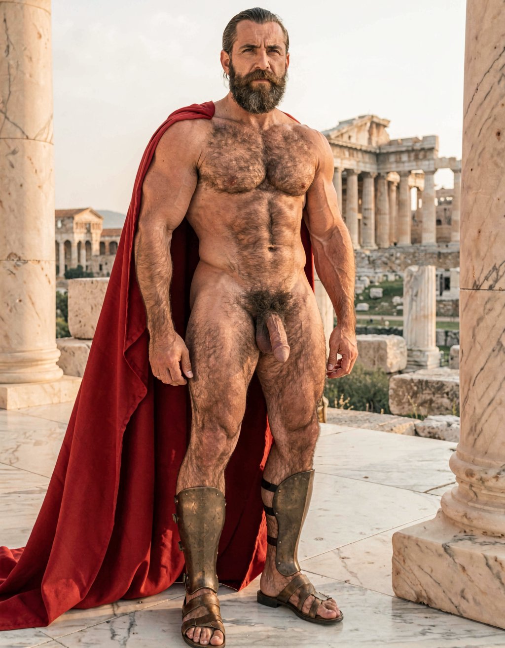 Pericles. A full-body, highly detailed and realistic historical portrait of a completely naked Pericles at 35 years old standing confidently in 460 BC Athens, Classical Greece. Full length view from feet to head, frontal three-quarter angle. He has an elongated distinctive 