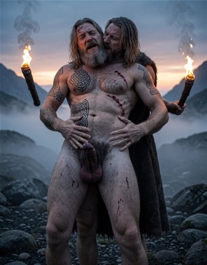 A naked, burly, Viking-looking man stands among rocks in a misty mountainous landscape at sunset, with his penis visible, gray beard, long hair, and several tribal tattoos on his chest, arms, and abdomen. His torso and thighs have fresh cuts and bloodstains, while his hands rest on his belly. Behind him, another man with long hair and a dark cloak holds him and brings his face close to his neck in an intense and dominant posture. Torches burn on both sides, illuminating the scene with fire and smoke, reinforcing a ritualistic, wild, and dramatic atmosphere.