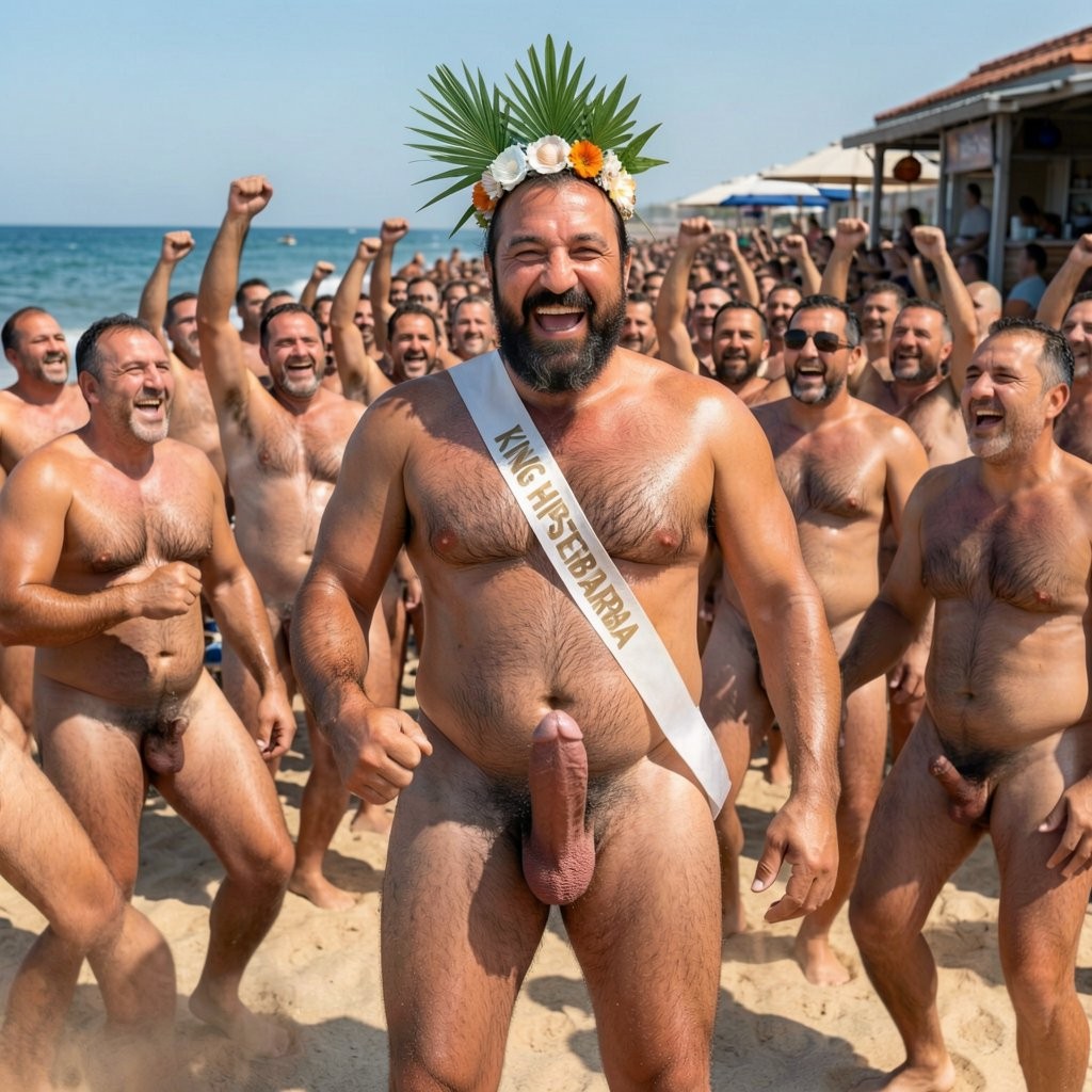 A hyperrealistic, ultra-detailed cinematic photograph taken at high noon on the nudist beach of El Playazo in Vera Playa, Almería, with intense golden sunlight, razor-sharp focus and perfect cinematic lighting. Hipsterbarba stands out as the absolute dominant king in the center of a massive joyful celebration, dancing and moving with pure happiness and power. His superhuman muscle bear body is the biggest and most impressive of all: gigantic striated pectorals bouncing heavily with every move, a deeply carved ten-pack abs glistening with sweat, enormous shoulders and traps, and tree-trunk legs covered in an insanely dense black pelt of body hair that shines under the sun. He proudly wears his slightly tilted crown of braided palm leaves, seashells and wild flowers, and the white sash “REY HIPSTERBARBA” bounces across his massive hairy chest. His legendary Bandholz beard flies wildly as he laughs with an open, dominant smile. His monstrously improved cock is the most prominent of all: over 30 cm, hyper-thick, heavily veined, perfectly shaped with a huge flared head, rock-hard and slapping loudly against his abs and thighs with every energetic dance move, flinging thick strands of precum through the air. All around him, the group of transformed superhuman muscle bears and the huge crowd of over one hundred naked men dance closely, laughing and enjoying themselves while their hyper-muscular and ultra-hairy bodies rub and press against each other. Their own massive perfect cocks bounce and swing as they move, but none compare to the king’s. Everyone’s muscles keep tensing and becoming more defined and masculine with every step and rub. The entire scene shows Hipsterbarba clearly standing out as the center of attention, the strongest, the most masculine and the happiest, surrounded by a chaotic, sweaty, cheerful mass of naked dominant men dancing freely on the sand. Extreme photorealism on every bulging muscle fiber, the dense wet black body hair, the shiny sweat and precum, the dynamic motion of the dance, the oversized perfect cocks, and the joyful dominant expression on Hipsterbarba’s face. The chiringuito El Pirata and the sparkling sea are visible in the background under a clear blue sky.