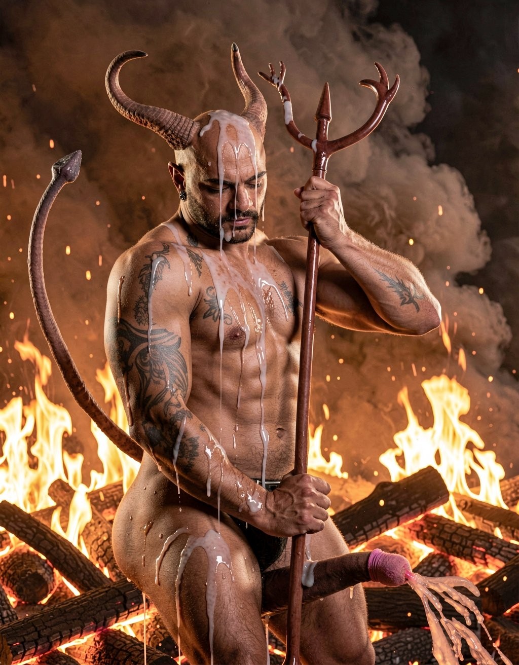 A naked man characterized as a demon poses kneeling among flames, smoke, and burning logs, with an infernal and theatrical aesthetic. He wears large curved horns on his head, a trimmed beard, tattoos on his arms and torso, white paint dripping down his body, and a pointed tail that reinforces the devilish appearance. His penis is partially covered by a black element like a loincloth or accessory, while he firmly holds a red three-pronged trident. Around him are sparks, intense fire, and a skeletal hand emerging in the foreground, creating a dark, erotic, ritual scene with warm, dramatic lighting.