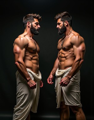 Dos hombres musculosos y desnudos de la antigua Grecia, con rostros masculinos definidos y expresiones de deseo, se encuentran en una posición de misionero, con uno de ellos penetrando brutalmente el ano del otro con su pene de 50 cm de longitud y 8 cm de diámetro, chorreando semen y llenos de fluidos sexuales. El hombre que penetra es más alto y tiene una barba y bigote pelirrojos (1.3), con pectorales muy marcados y detallados (1.3), y un pecho y brazos extremadamente velludos, mientras que sus piernas también están cubiertas de vello (1.3). El hombre que es penetrado es más bajo y tiene una musculatura definida, con un pecho y hombros anchos, y una cintura delgada, y pectorales marcados y muy definidos con pezones sobresalientes (1.3). Ambos hombres se abrazan con fuerza, con sus cuerpos masculinos bien dotados, y se besan apasionadamente. La escena se desarrolla en un estudio con iluminación dramática (1.3) y fondo negro (1.3), con un enfoque nítido y una resolución UHD y HDR. La pose es dinámica, con piernas abiertas y un arnés visible, y los rasgos velludos y el vello pectoral del hombre moreno son destacados. La imagen es hiperrealista (1.3) y muestra una gran angular.  Están de perfil enseñando el culo.