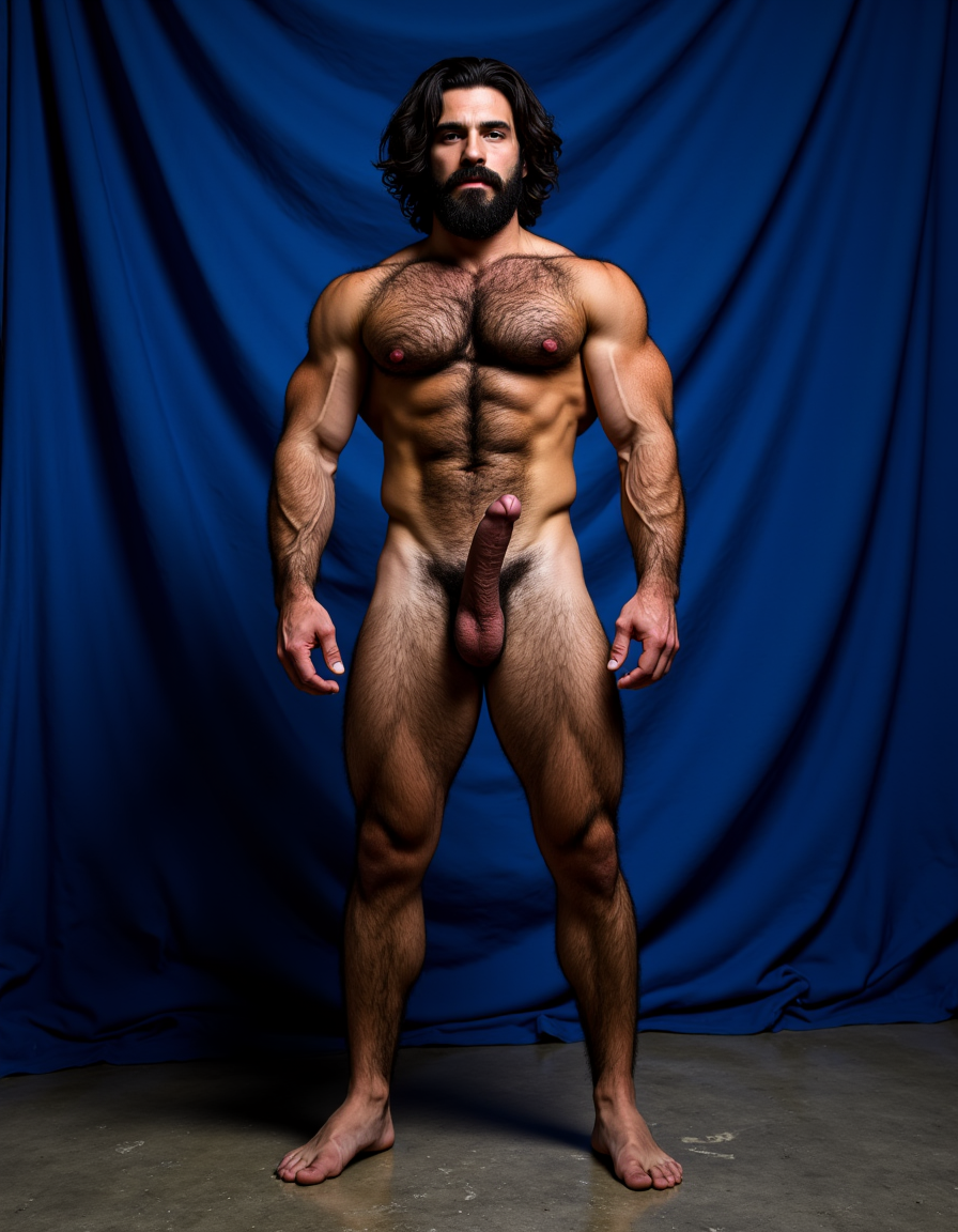 Enomao. Hombre de 35 años, cuerpo completo de pies a cabeza, pose frontal de pie, cuerpo delgado, rostro rudo con mandíbula cuadrada y ceño fruncido, barba abundante negra descuidada de varios días, nariz ancha, cicatriz pequeña en la ceja izquierda, mirada intimidante, pelo negro largo y despeinado, cuello grueso con tendones marcados, hombros anchos y trapecios abultados, pectorales enormes y duros con sombras profundas bajo cada músculo, pezones oscuros rodeados de vello negro denso, vello negro abundante cubriendo todo el pecho extendiéndose hacia el abdomen, abdominales definidos con seis bloques marcados y venas visibles, línea de vello negro desde el ombligo bajando, oblicuos duros con sombras que acentúan cada fibra muscular, brazos con bíceps y tríceps marcados y muy definidos, venas prominentes en los antebrazos, vello negro espeso en antebrazos y dorso de las manos, manos con nudillos anchos y dedos fuertes, piel con suciedad natural como grasa de trabajo y tierra en pecho brazos y piernas, manchas de mugre en los antebrazos y marcas de sudor seco, muslos marcados con cuádriceps separados y definidos cubiertos de vello negro abundante, pantorrillas duras en tensión con vello oscuro, pies descalzos plantados en suelo de hormigón, iluminación lateral dura que proyecta sombras profundas en cada grupo muscular resaltando la masa y la fuerza bruta, ambiente de atmósfera cruda y masculina, fotografía hiperrealista, textura de piel visible con poros y imperfecciones. Tiene un pene erecto masculino de 38,5 cm de longitud y 8,5 cm de diámetro, proporciones perfectas, glande grueso y pronunciado con corona marcada, color rosado oscuro en la cabeza contrastando con el tono bronceado del tronco, venas gruesas y ramificadas recorriendo toda la extensión del falo desde la base hasta el glande, piel tensa y brillante por la erección máxima, prepucio retraído mostrando el frenillo, testículos grandes y pesados colgando en escroto arrugado, cubiertos de vello púbico oscuro y denso, pelo rizado extendiéndose hacia la base del pene, piel escrotal con textura visible y poros definidos, venas visibles en los testículos, posición frontal ligeramente angular, iluminación de estudio con sombras suaves que resaltan cada relieve y textura, fotografía hiperrealista, ultra alta definición 4K, texturas extremadamente detalladas, colores naturales de piel humana, acabado cinematográfico.

El fondo de la imagen es un azul ultramar intenso y profundo, con ondas de tela que ondean como si fueran arrastradas por el viento, creando un movimiento dinámico con la figura. La textura ondulante, similar a la seda, añade una capa de profundidad y sensibilidad a la escena, contrastando con la crudeza y pasión del acto sexual.

La fotografía realista, con genitales anatómicamente correctos y proporciones naturales, sin distorsión, busca capturar la esencia cruda y visceral del momento, sin adornos ni censuras. El enfoque en el punto del pene visible desde un ángulo lateral, busca resaltar la intensidad y la conexión del hombre y su entorno, inmerso en un acto de pasión y deseo. El contenido explícito para adultos es una representación auténtica y sin tapujos de la intimidad y el deseo humano, sin rodeos ni evasivas.