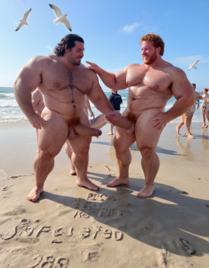 Día de Año Nuevo 2026. Dos hombres llamados Juan y Pedro, tienen los pies descalzados pero están totalmente desnudos. 

Juan es un hombre de 50 años de edad, muy atlético y tiene sus músculos muy definidos y es muy peludo, está totalmente desnudo, tiene un pene largo erecto de 36cm de longitud y 9cm de diámetro, tiene cabello negro largo ondulado y desordenado, tiene mucho vello pectoral, tiene piernas masculinas con abundante vello, tiene brazos peludos,  su cara tiene forma cuadrada tiene mentón prominente con hoyuelo muy pronunciado y muy masculino, su barba está bien afeitada y su cara está muy limpia resaltando sus facciones masculinas. 

Pedro es un hombre de 58 años de edad con músculos marcados sin grasa, está totalmente desnudo, tiene un pene largo de 39 cm de longitud y 9 cm de diámetro, tiene cabello pelirrojo rizado abundante y largo de color rojo, tiene abundante vello pelirrojo pectoral de color rojo oscuro en abundancia, tiene piernas masculinas con mucho vello, tiene brazos peludos y muy masculinos. Pedro tiene presencia atlética y es muy peludo, mucho pelo por todo su cuerpo. 

Pedro está con el esfínter del culo abierto. Juan mete su pene por el esfínter del culo de Pedro ((Imagen de alta definición, imagen calidad 4K, UHD)). Dentro del culo de Pedro está a medio meter el pene de Juan. ((Juan tiene su pene dentro del culo de Pedro)). Sexo anal duro y apasionado. Pedro está con el esfínter del culo abierto. Juan mete su pene por el esfínter del culo de Pedro ((Imagen de alta definición, imagen calidad 4K, UHD)). Dentro del culo de Pedro está a medio meter el pene de Juan. Juan tiene su pene dentro del culo de Pedro. Sexo anal duro y apasionado. ((Penetración)) penes erectos. 

Pedro y Juan enseñan sus músculos muy marcados y bien definidos, están de pie en la arena de la playa con olas azules y con el Sol reflejándose sobre el agua del mar mientras vuelan dos gaviotas. En la arena de la playa está trazado el texto: 