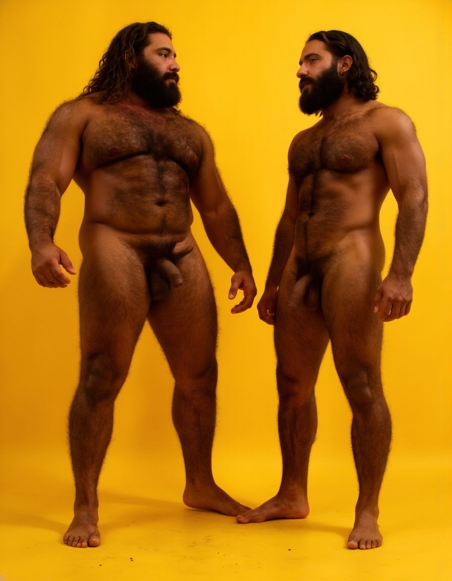 Dos guerreros musculosos delgados y altos, cuerpo completamente desnudo y velludo, mostrando polla venosa de 30 cm de longitud y 5 cm de grosor. Tienen la piel bronceada por el Sol, con pelo muy largo y barba. Tiene pies fuertes. Están contentos. Tienen músculos marcados definidos y sin nada de grasa. Tienen aspecto muy viril. Tienen cuerpo muy delgado pero con los músculos marcados y muy definidos. Están tensos haciendo fuerza para mostrar sus músculos marcados. Fondo amarillo oscuro con los reflejos de las sombras de los cuerpos.