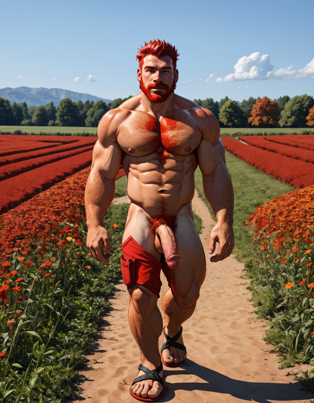 Hombre rojo desnudo musculoso, tiene pene rojo, tiene testículos rojos. Tiene sandalias rojas. Tiene mucho vello pelirrojo. Tiene pelo largo pelirrojo. Tiene pezones grandes largos y puntiagudos: 2.5. Está andando por un camino en el campo con flores rojas y naranjas. Sale líquido por sus pezones