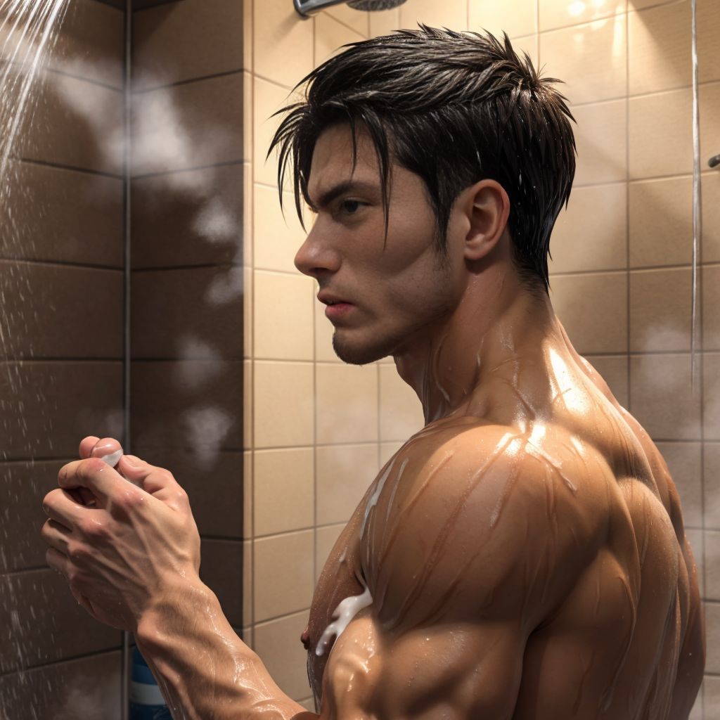 Hombre de 25 años, futbolista musculoso, pene visible, meando en la cara de otro jugador en la ducha, ambos desnudos, agua caliente, piel sudorosa, mirada intensa, ambiente relajado y sensual.