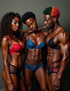 Tres travestis negros y musculosos, con cuerpos atléticos y definidos, lucen grandes penes erectos que destacan su masculinidad. Cada uno viste lencería sensual y ajustada, resaltando sus curvas y contornos. La lencería es de colores vibrantes y llamativos, con encajes y detalles que agregan un toque de erotismo a la escena.

Los tres travestis se masturban con movimientos rápidos y sensuales, sus manos acarician sus penes erectos con pasión y deseo. Sus ojos están cerrados, perdidos en el placer y la excitación del momento. La atmósfera es caliente y sensual, con una luz suave y cálida que ilumina la escena.

Uno de los travestis tiene el cabello largo y rizado, y viste una lencería roja con encajes negros. Su cuerpo es tonificado y musculoso, con un pecho definido y un abdomen plano. Su pene erecto es grueso y largo, y lo masturba con movimientos rápidos y seguros.

El segundo travesti tiene el cabello corto y estilo afro, y viste una lencería azul con detalles de lentejuelas. Su cuerpo es atlético y fuerte, con un pecho ancho y un abdomen musculoso. Su pene erecto es grande y curvo, y lo masturba con movimientos lentos y sensuales.

El tercer travesti tiene el cabello teñido de colores brillantes, y viste una lencería negra con encajes rojos. Su cuerpo es delgado y musculoso, con un pecho definido y un abdomen plano. Su pene erecto es largo y delgado, y lo masturba con movimientos rápidos y precisos.

La escena es una celebración de la sensualidad y la sexualidad, con tres travestis negros y musculosos que se dejan llevar por el placer y la excitación. La lencería sensual y la masturbación son los elementos centrales de la escena, y la atmósfera es caliente y erotizada. Hyper-realistic photo with high quality details.