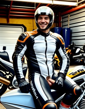 Hombre musculoso semidesnudo, pene visible, torso desnudo, con traje de motorista parcialmente quitado, mostrando pecho y abdomen definidos, sentado en una moto, casco en mano, sonriendo confiadamente, fondo de boxes con mecánicos, iluminación vibrante, texturas hiperrealistas, foco en la figura masculina y la moto