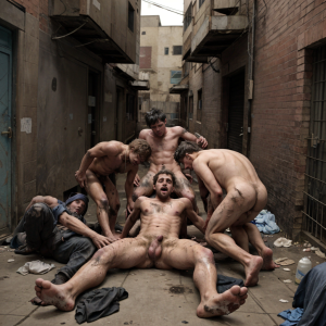 Violacion en masa en un callejón  a un mendigo sucio y desaliñado. ((Todos los que aparecen en la imagen salen desnudos))