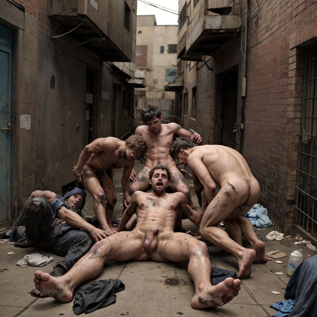 Violacion en masa en un callejón  a un mendigo sucio y desaliñado. ((Todos los que aparecen en la imagen salen desnudos))