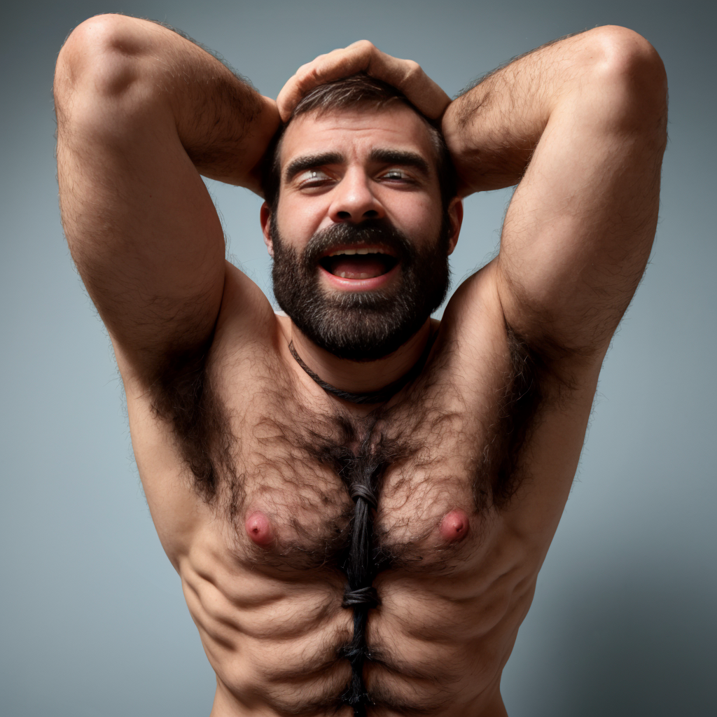 hombre atado con el torso peludo descubierto tiene cosquillas por manos en las axilas