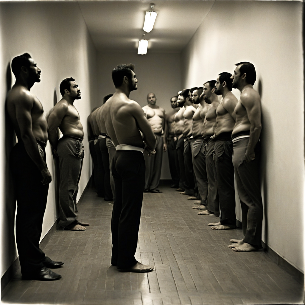 A group of shirtless men remains lined up in a narrow, austere hallway, forming two facing rows beside smooth, light-colored walls. The scene, in black and white with a sepia tone, conveys a rigid, almost disciplinary atmosphere, reinforced by the upright posture of the bodies, the dark pants, and the bare feet on the wooden floor. In the center, a man seen from behind appears to occupy a position of command or inspection, while in the background another robust man watches from the front. The fluorescent ceiling lighting creates pronounced shadows and a closed, tense, ceremonial atmosphere.