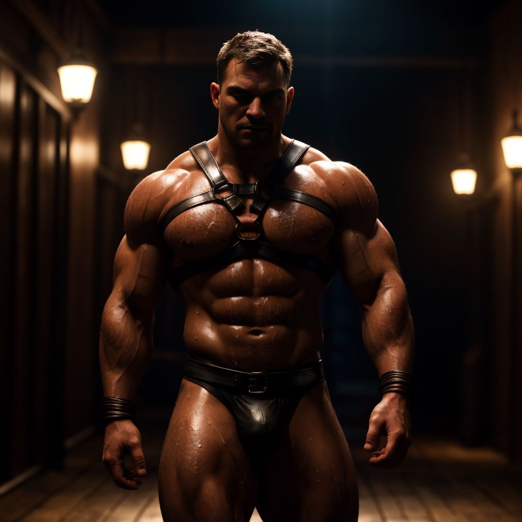Hombres musculosos con arnés de cuero, atados con cuerdas gruesas,((( bondage intenso))), cuerpos tensos, sudorosos, piel realista, ropa interior ajustada, fondos oscuros, iluminación dramática, sombras profundas, atmósfera sensual y provocativa.