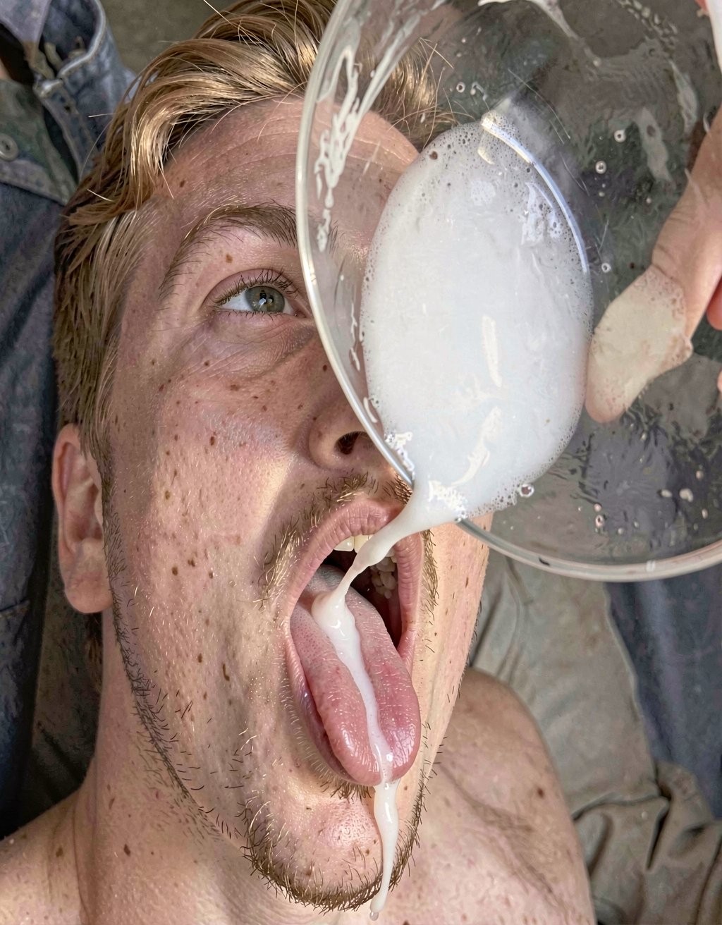A blond man with a short beard appears in close-up, lying down or reclined, with his mouth wide open and his tongue out while a person pours a thick white liquid from a transparent bowl directly onto his tongue and lips. The mixture, creamy-looking like milk, cream, or a milkshake, falls in a visible stream and spills from the corner of his mouth down to his chin and neck, creating a very close and provocative scene. His face is lit up close, with freckles, facial hair, and an intense expression, while a hand holds the glass container above him in an informal setting with a gray floor in the background.