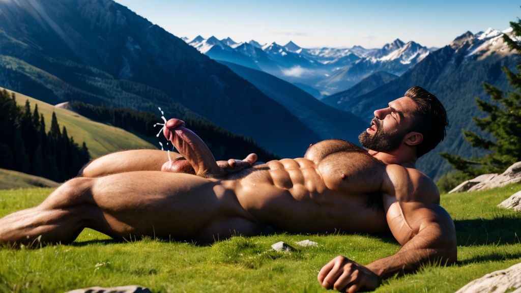 Hombre desnudo acostado en la hierva del monte. Tiene una enorme polla con sus huevos peludos. Es un hombre salvaje y musculoso. Tiene su dedo dentro de su ano, masturbándose. Tiene semen saliendo del pene.