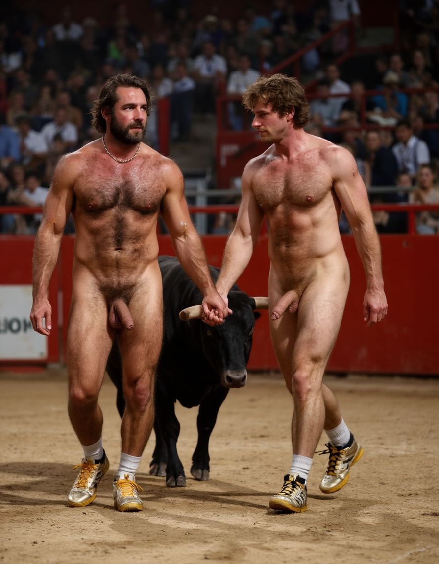 Un torero español musculoso y velludo de 50 años, con torso atlético y marcado, se muestra completamente desnudo, destacando su pene de 30 cm de longitud y 5 cm de grosor, perfectamente formado y rodeado de un denso vello púbico castaño oscuro. Sus testículos, perfectamente formados, cuelgan de forma prominente. La piel bronceada y sudorosa resalta su musculatura definida, con pectorales y abdominales bien marcados y sin grasa. El cabello largo y castaño oscuro está despeinado y sudoroso, con gotas de sudor resbalando por su frente y mejillas. Una barba incipiente y un vello corporal denso que se extiende por su pecho, piernas y brazos completan su apariencia viril. Lleva zapatillas doradas en sus pies.

A su lado, un hombre musculoso y velludo de 30 años, completamente desnudo, muestra un pene de 30 cm de longitud y 4 cm de grosor, hermoso y perfecto, rodeado de un denso vello púbico pelirrojo. Su piel bronceada y sudorosa muestra una musculatura definida, con pectorales y abdominales muy marcados. Tiene cabello pelirrojo despeinado y sudoroso. Tiene una barba pelirroja densa pero bien recortada. El vello corporal pelirrojo denso cubre su pecho, y tiene mucho vello pelirrojo en sus piernas y brazos, lo que realza su apariencia masculina y atlética. Están andando en la plaza de toros con un toro salvaje.

Ambos hombres se encuentran en una plaza de toros, con sombras que resaltan su musculatura y vello corporal, creando un ambiente sensual y cargado de tensión. Están en pleno acto de pasión, con sus penes erectos y testículos prominentes ,destacando su musculatura, vello corporal y atributos viriles en una imagen impactante y llena de energía. La escena está llena de sensualidad y poder, con los dos hombres como protagonistas, en un ambiente cargado de pasión y erotismo. La imagen es híper realista, con detalles de alta calidad, y muestra la unión de los dos hombres en un acto de pasión y dominio, con sus cuerpos musculosos y velludos completamente desnudos y visibles, mostrando su excitación y pasión en cada detalle. Tienen sus penes erectos. Están totalmente desnudos. Tiene un pene de 30 cm de longitud y 5 cm de diámetro.