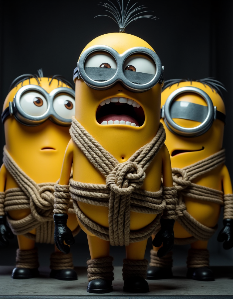 Imágenes hiperrealistas de Minions atados con cuerdas y nudos en un bondage extremo, iluminación dramática y oscura, fondos oscuros y misteriosos, Minions con ojos grandes y expresiones de sorpresa y sumisión, cuerpos amarillos y regordetes, completamente desnudos, con cuerdas gruesas y nudos complejos que rodean sus brazos, piernas y torsos, algunos con bocas tapadas con cinta adhesiva, otros con ojos vendados, texturas detalladas y realistas de la piel y las cuerdas, sombras profundas y contrastes intensos, ambiente de suspense y dominación, bondage extremo y artístico, con detalles precisos de los nudos y las cuerdas, y una sensación de poder y control.