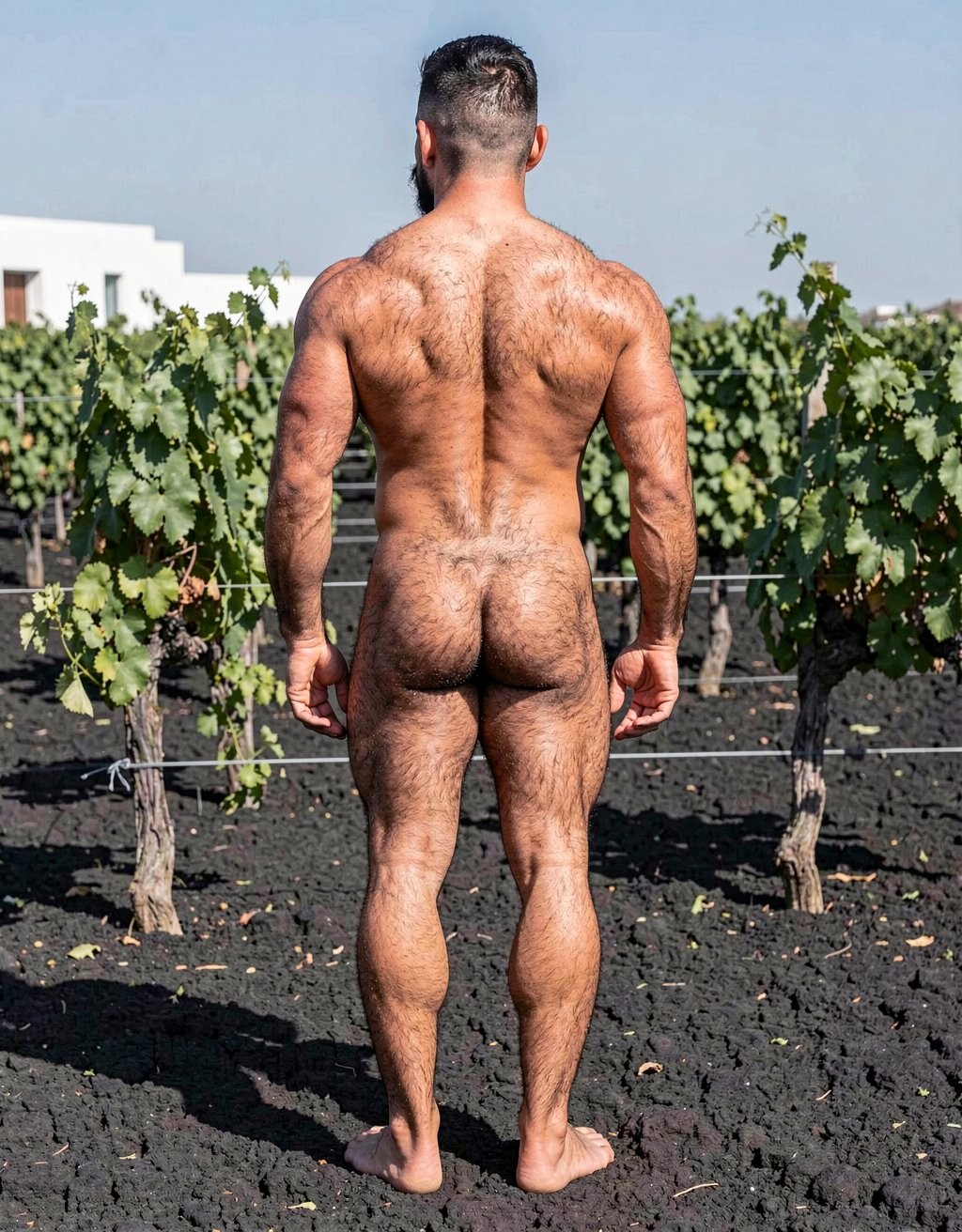 A powerful, perfectly framed full-body rear photograph of Alfredo standing completely still with his back to the camera, captured from the very top of his head all the way down to the tips of his ten toes with zero cropping whatsoever. The very young 28-year-old man is totally naked with no accessories at all. He has a clean-shaven face except for a thick, dense black mustache that gives him a very macho and virile look, short dark hair with a clean fade, strong square jaw visible from the side. Extremely virile and macho appearance despite his young age: very thick, coarse dark body hair covering almost his entire body in dense masculine patterns, heavy pelt across his wide muscular back, dense hair over his shoulders, traps, lats and especially covering his powerful round glutes. He maintains a dry, competition-level 7% body fat physique from running multiple marathons every year: brutally muscular yet lean and endurance-hardened, with thick traps, wide lats creating a dramatic V-taper, deeply etched erector spinae, visible striations across the entire back, narrow waist, massive muscular legs with defined hamstrings, hard vascular calves and dense dark hair covering every inch. His glutes are tight, round and extremely muscular with a clean hairy crack and anus clearly shown, without any penis or testicles visible between them at all, no cock or balls protruding or hanging from behind in any way. Strong veiny arms hanging relaxed at his sides, large masculine hands, strong bare feet planted firmly on the dark volcanic soil of the Santorini vineyard, every toe visible. Bright Mediterranean sunlight hits his sweaty, bronzed skin, creating sharp highlights on every muscle fiber and deep shadows that accentuate the extreme vascularity and dense body hair. Lush green Assyrtiko vines and black volcanic earth surround him. Ultra photorealistic, raw masculine power, extremely hairy and virile young stud, dry fibrous marathon-runner physique, natural cinematic lighting, full uncropped body from the top of the head to the very tips of the toes, no penis or testicles visible from behind between the glutes.