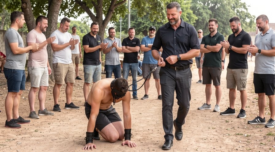Un hombre sin camiseta, con pantalón corto negro, guantes y una correa o arnés alrededor de la cabeza, permanece arrodillado sobre un camino de tierra en un parque, apoyando una mano en el suelo y con la cabeza inclinada en una postura sumisa o de esfuerzo físico. A su lado camina un hombre canoso vestido completamente de negro, con camisa, pantalón y zapatos, sujetando algo pequeño entre las manos mientras sonríe con actitud segura. Alrededor, varios hombres vestidos de forma casual con camisetas, polos, bermudas y zapatillas forman un semicírculo bajo los árboles, observando la escena y aplaudiendo, lo que sugiere una dinámica grupal, una prueba, ritual o exhibición al aire libre en un ambiente social masculino.