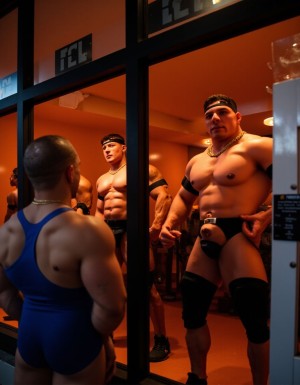 en un escaparate con luz naranja tres hombres muy musculosos vestidos con suspensorio y arnés se exhiben con erotismo a la espera clientela, los clientes miran desde fuera desde la calle con cara de vivcio