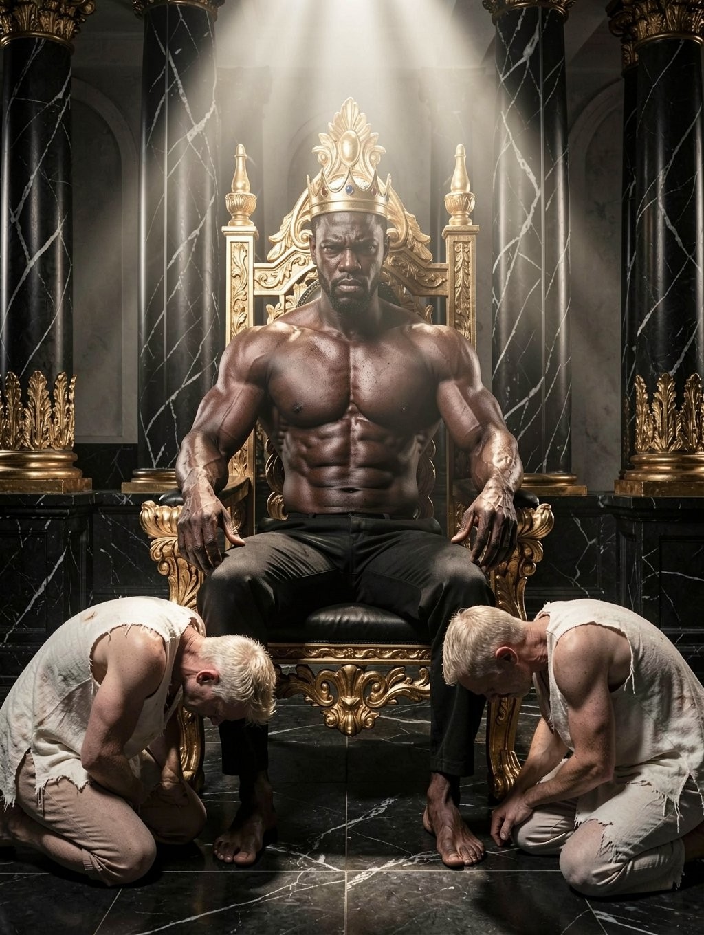 Un hombre negro extremadamente musculoso, con el torso desnudo, corona dorada y pantalones negros, está sentado con gesto severo en un trono barroco ricamente ornamentado, bajo haces de luz que caen desde arriba y refuerzan una atmósfera solemne, casi ceremonial. A sus pies, dos hombres mayores de pelo blanco, vestidos con camisetas sin mangas y pantalones claros, permanecen arrodillados e inclinados en actitud de sumisión o reverencia, sujetando y besando sus pies descalzos. El escenario combina mármol negro, columnas oscuras con vetas blancas, detalles dorados y una estética de poder, dominación, realeza y culto visual, centrada en la figura imponente del rey coronado.